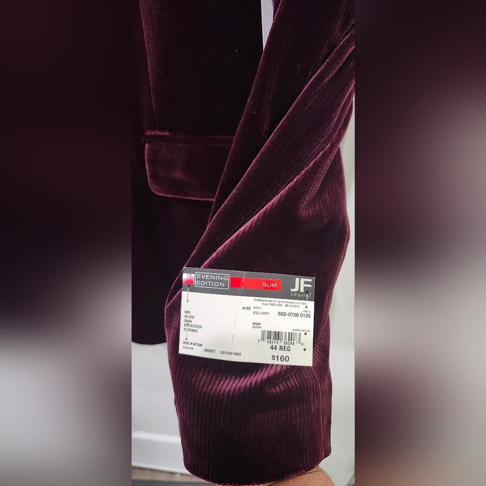 NWT JF J. Ferrar Evening Velvet Cord Slim Fit Red Wine Blazer Jacket Men's 44R - Picture 4 of 6